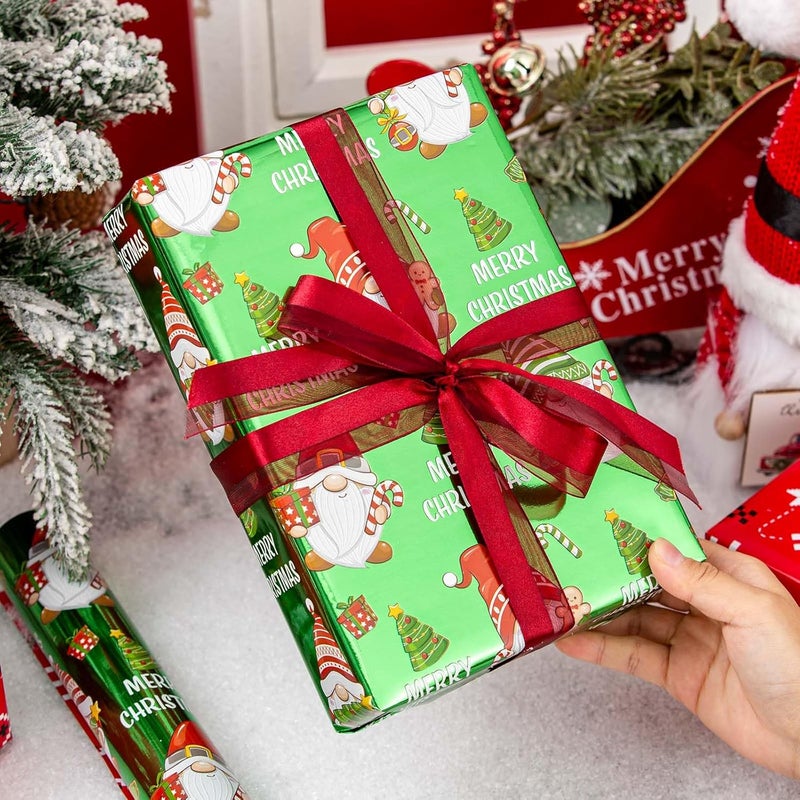 Retrify Christmas Wrapping Paper - 17 Inch x 32.8 Feet Mini Roll - Cute Gnome Snowflake Green Gift Wrap Paper for Holiday Shower Party Celebration - Image 3